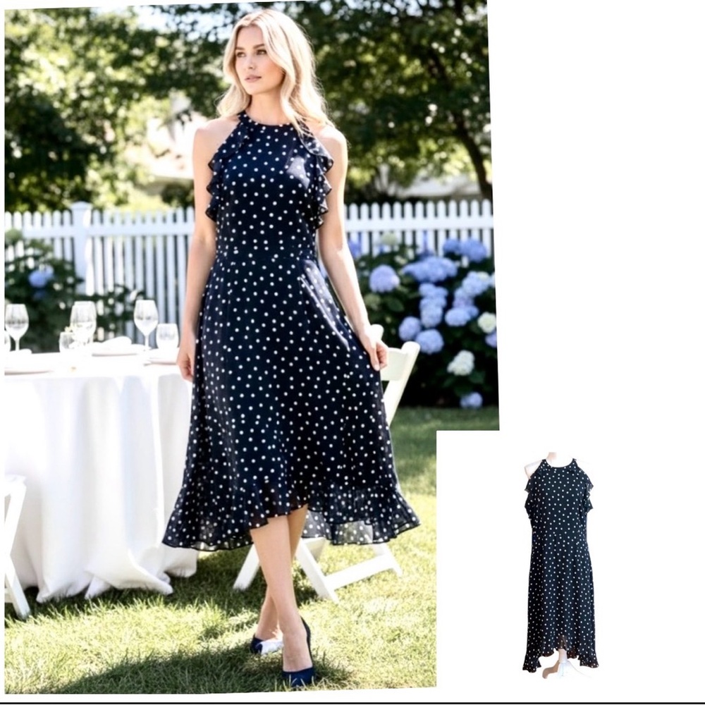 Elle Dress polka dots Black with white polka dots round neck sleeveless  L NWT